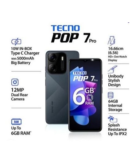 Tecno Pop 7 Pro 6.6" 3GB RAM 64GB ROM 13MP - Endless Black
