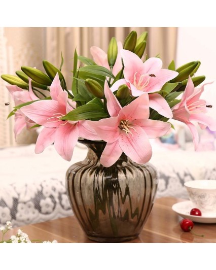 3 Heads Artificial Fake Lily Flowers Bouquet Home-Light Pink